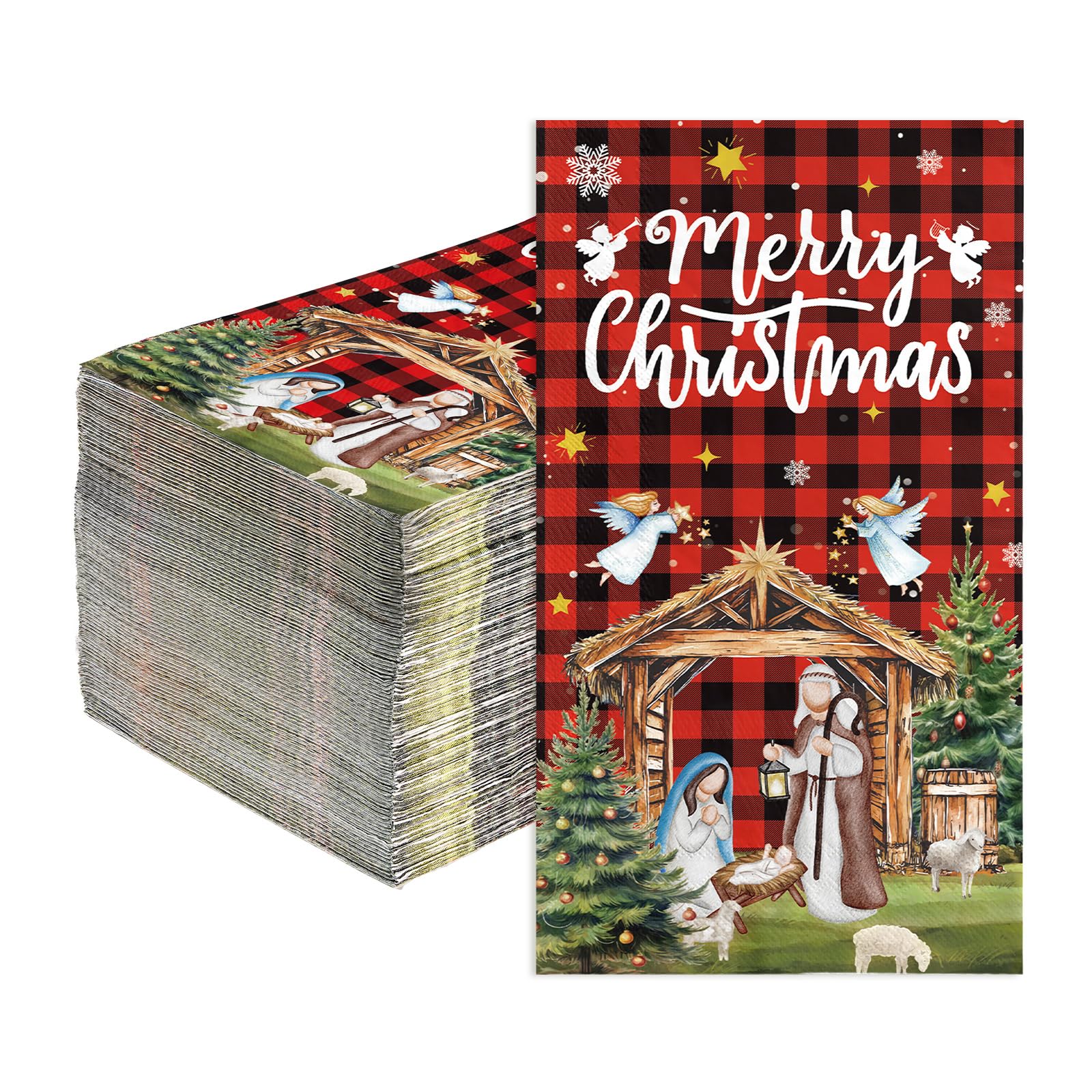 100 Pcs Paper Napkin 3 Ply Christmas Nativity Red Plaid - Grencian