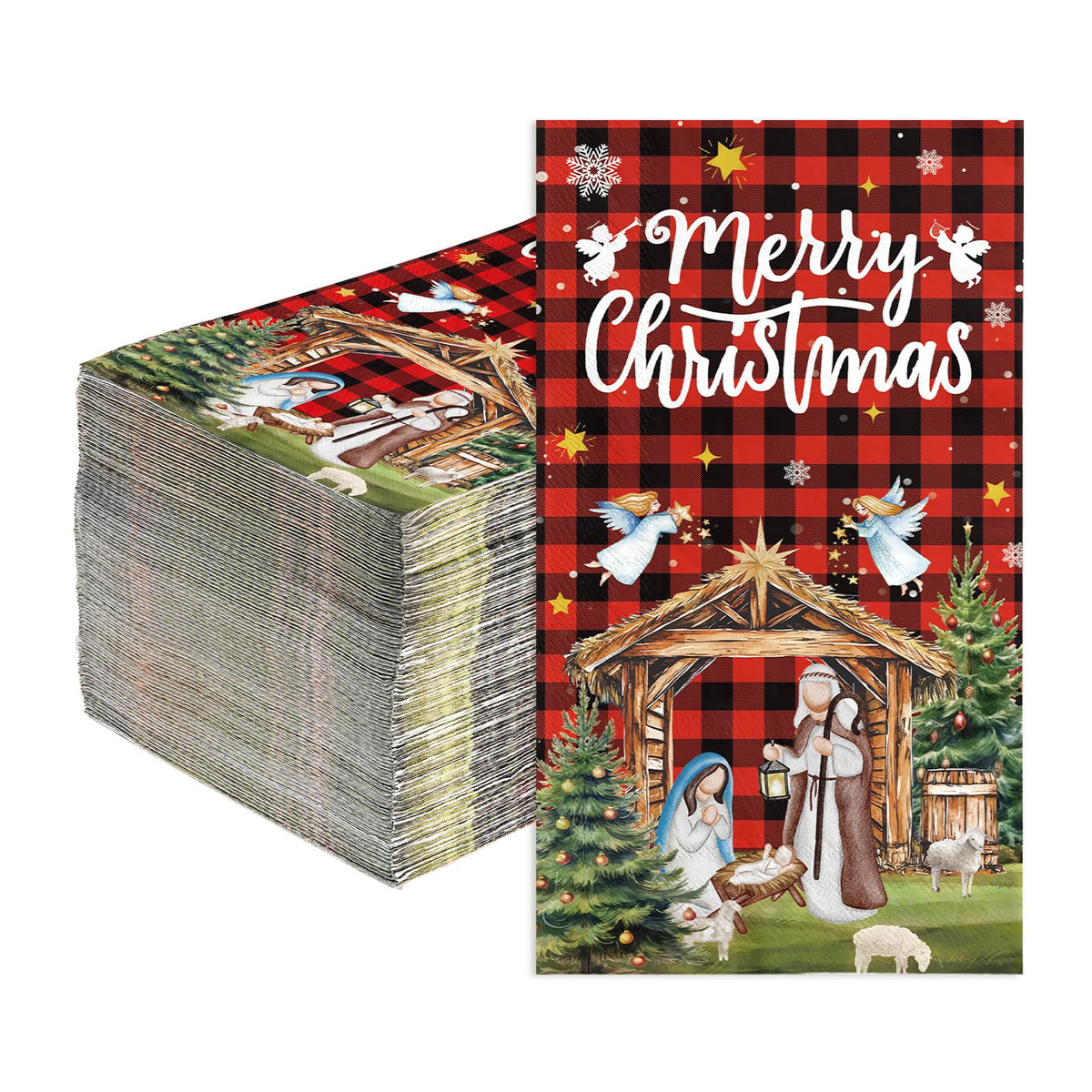 100 Pcs Paper Napkin 3 Ply Christmas Nativity Red Plaid - Grencian