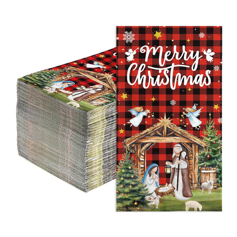 100 Pcs Paper Napkin 3 Ply Christmas Nativity Red Plaid - Grencian