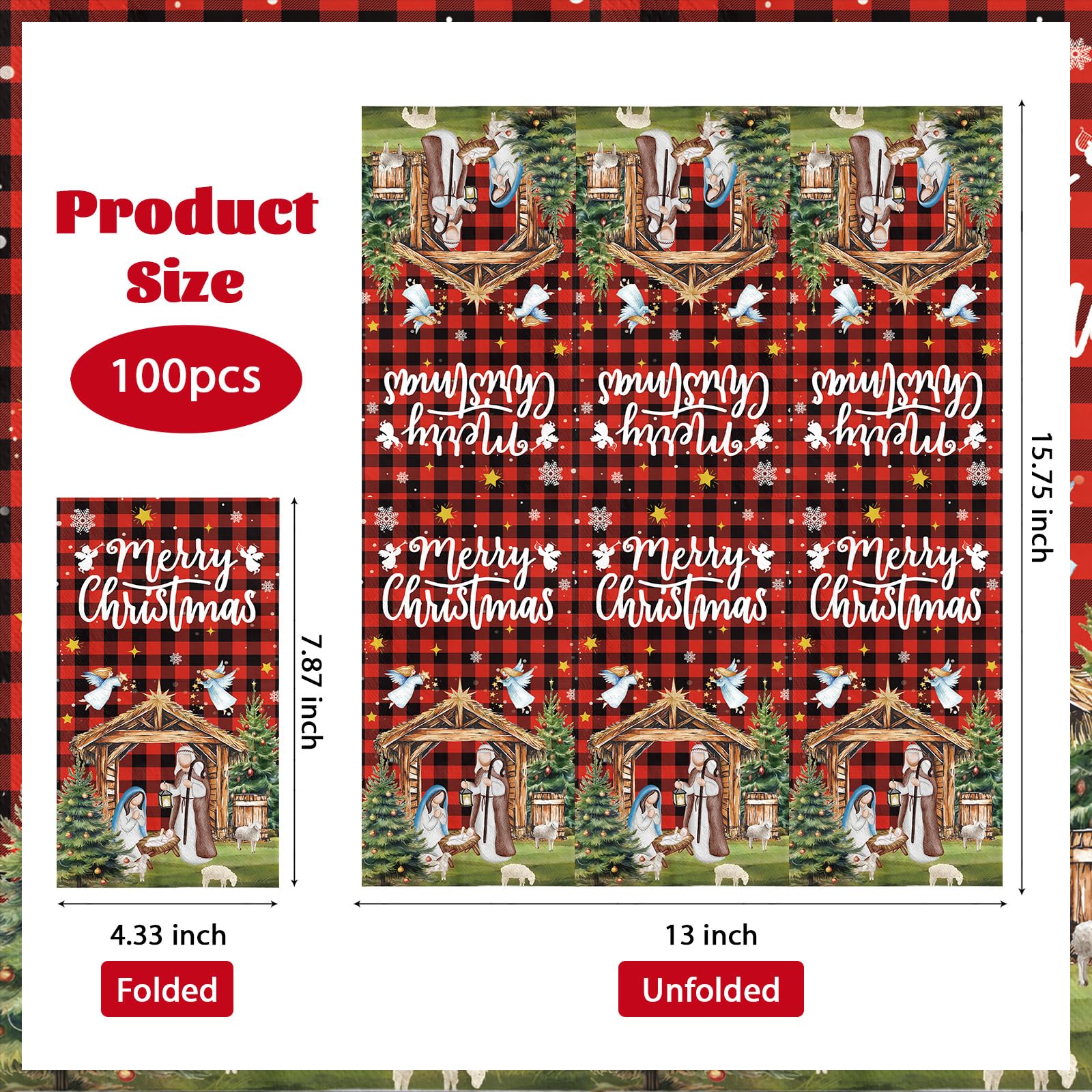 100 Pcs Paper Napkin 3 Ply Christmas Nativity Red Plaid - Grencian