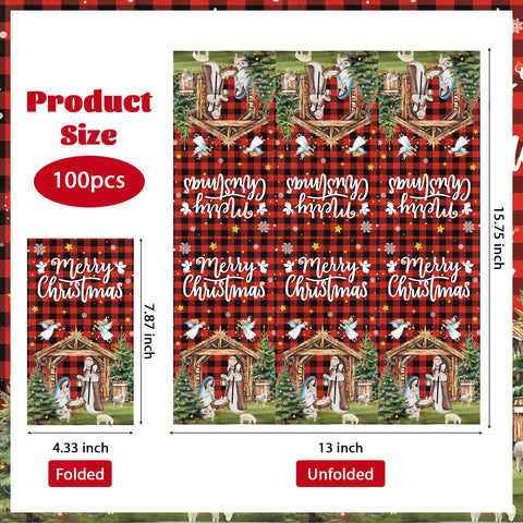 100 Pcs Paper Napkin 3 Ply Christmas Nativity Red Plaid - Grencian