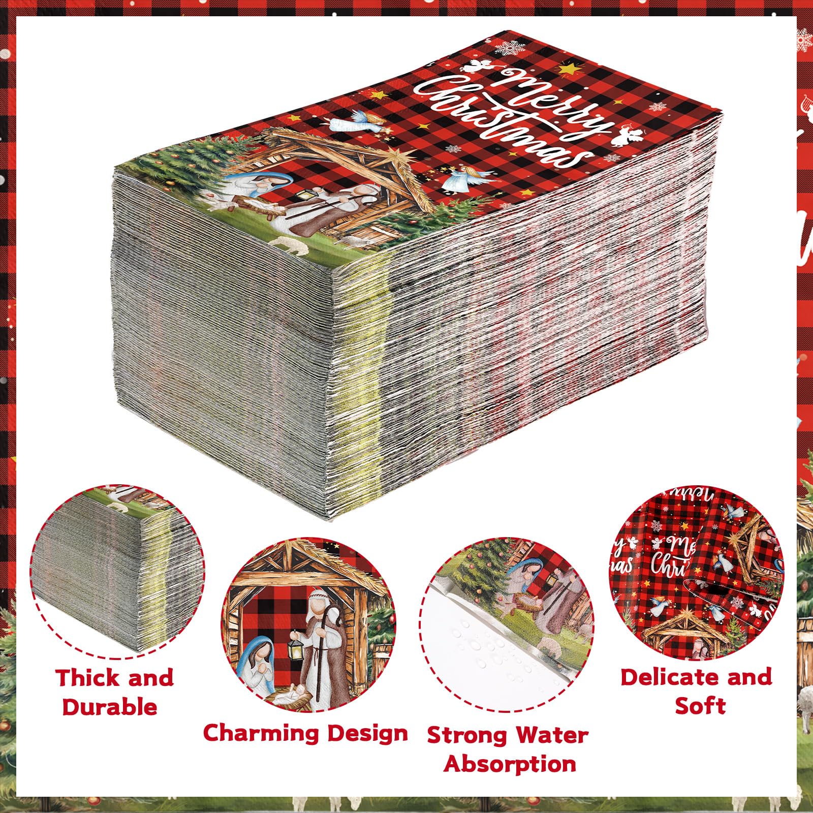 100 Pcs Paper Napkin 3 Ply Christmas Nativity Red Plaid - Grencian