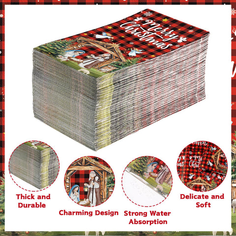 100 Pcs Paper Napkin 3 Ply Christmas Nativity Red Plaid - Grencian
