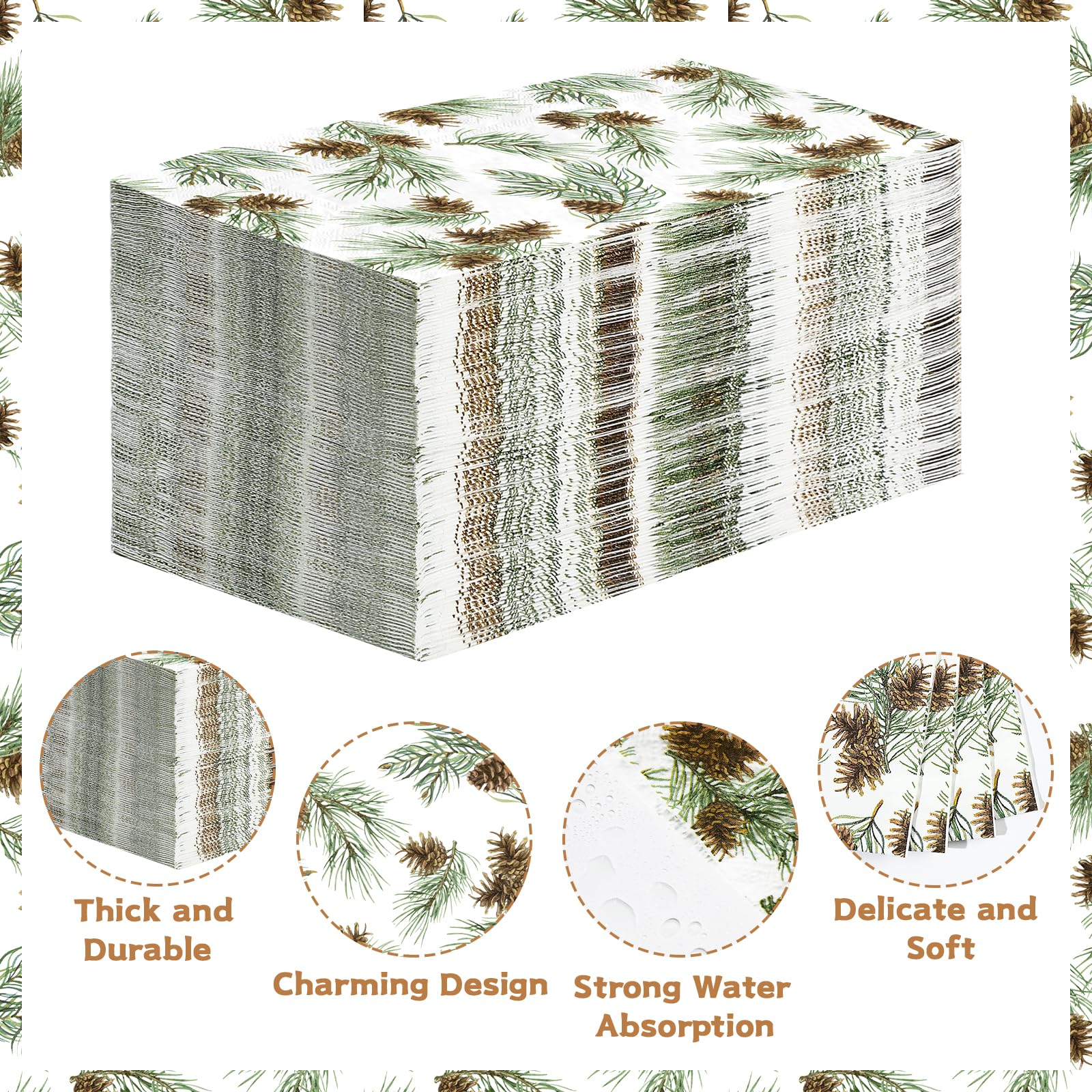 100 Pcs Paper Napkin 3 Ply Christmas Pine Cones - Grencian