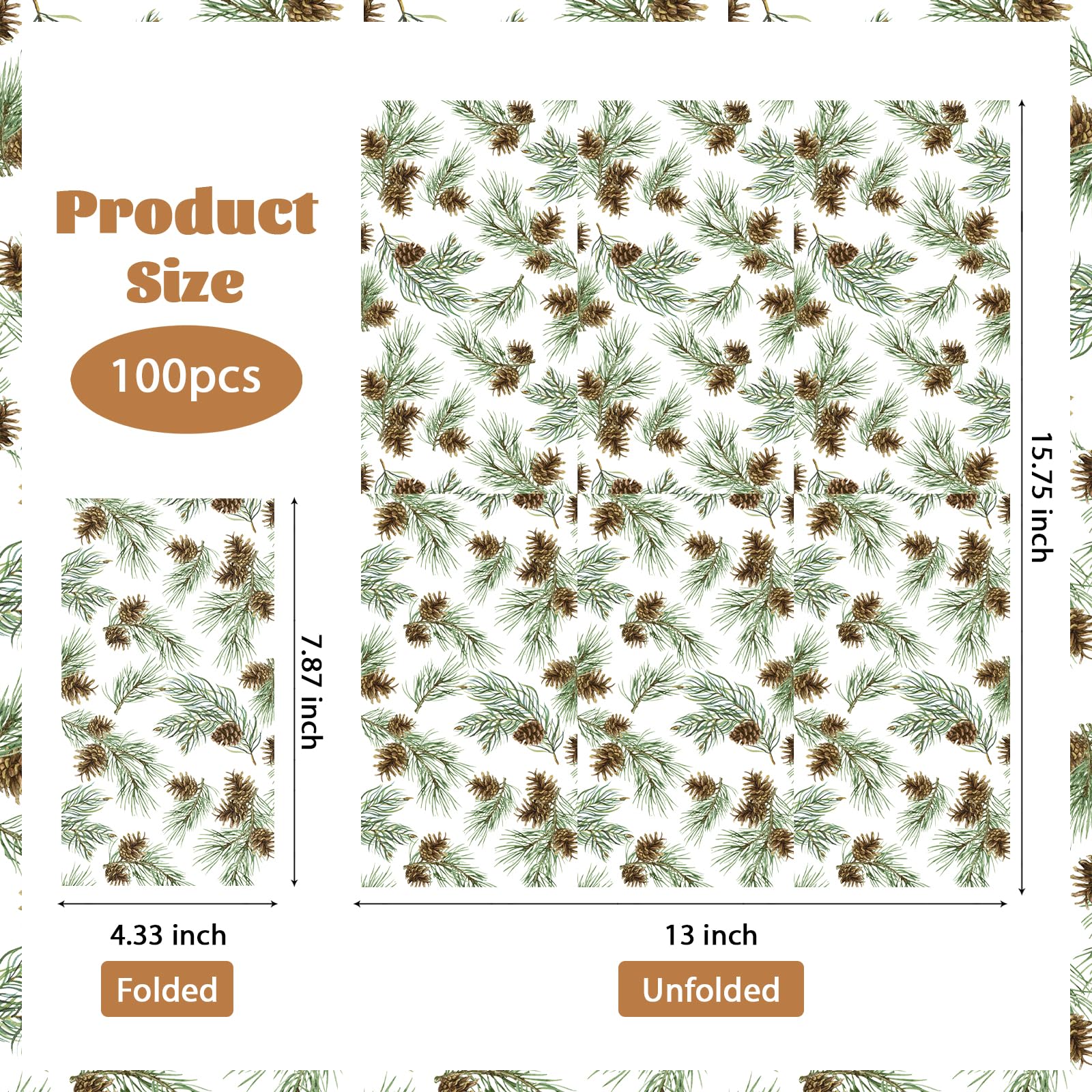 100 Pcs Paper Napkin 3 Ply Christmas Pine Cones - Grencian