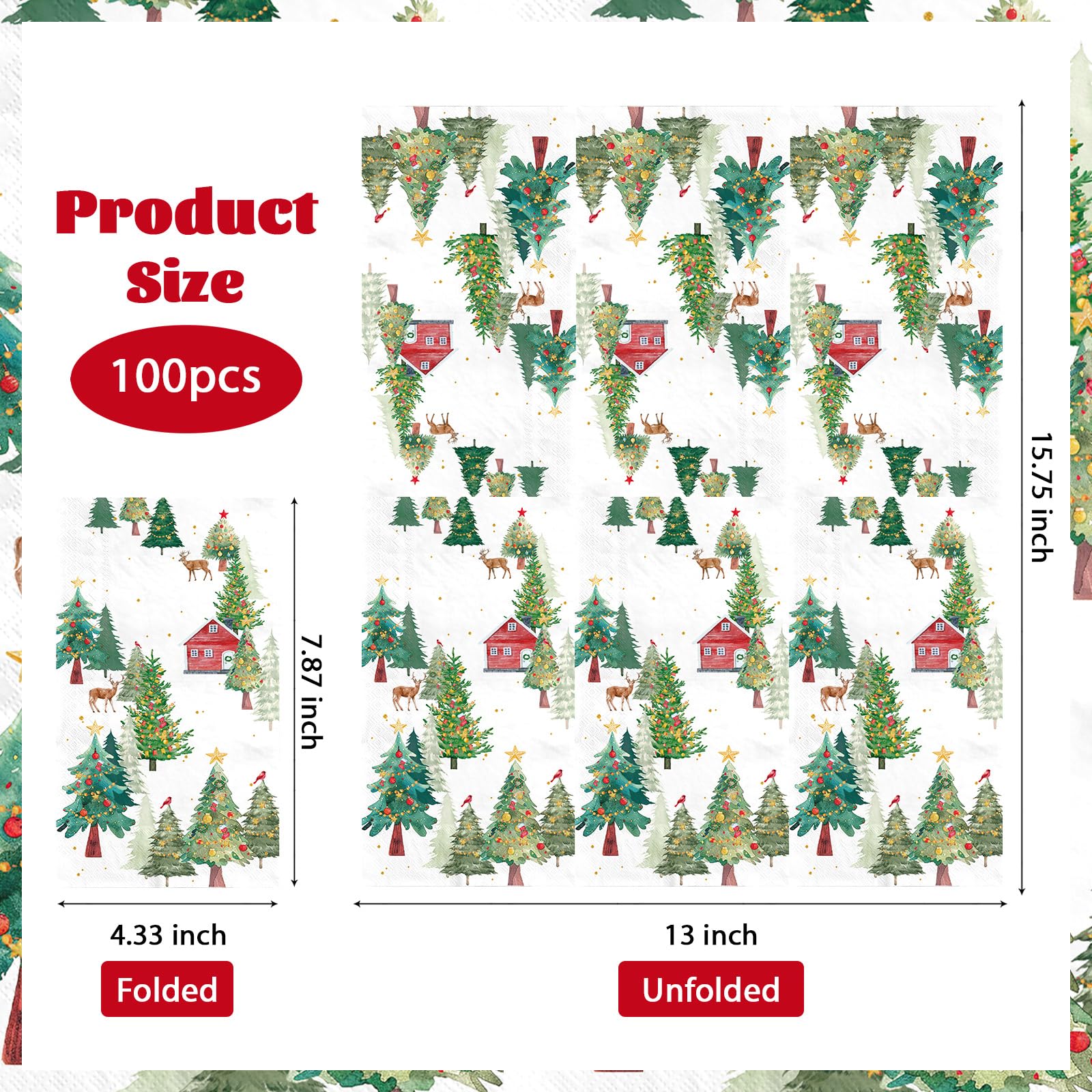 100 Pcs Paper Napkin 3 Ply Christmas Trees Reindeer - Grencian