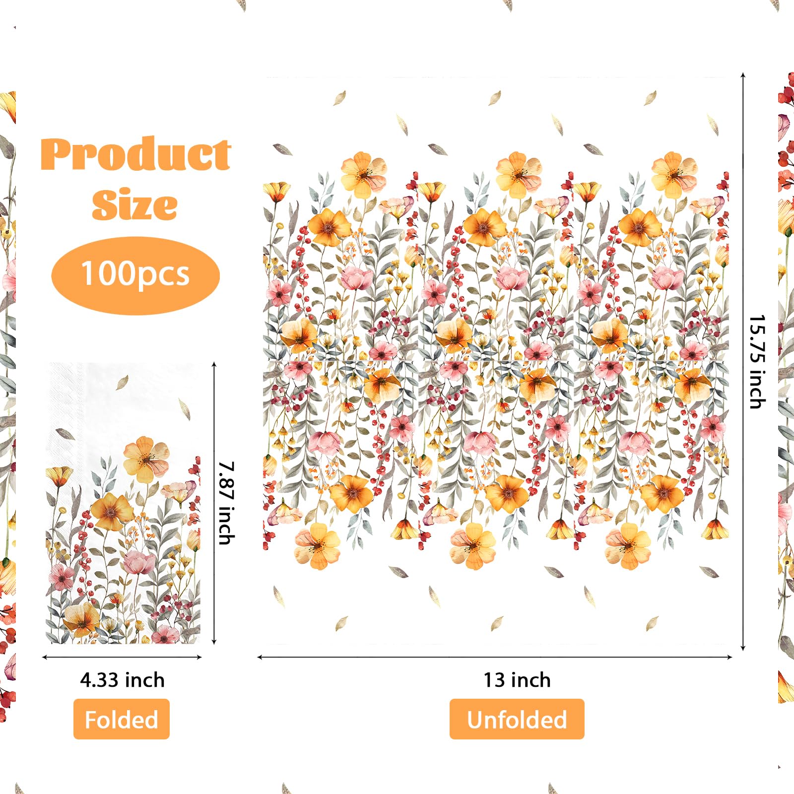 100 Pcs Paper Napkin 3 Ply Fall Wildflower - Grencian