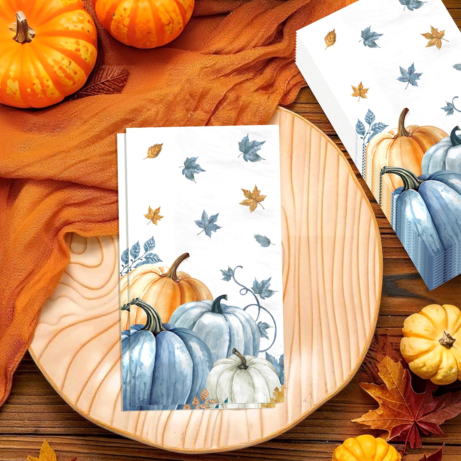 100 Pcs Paper Napkin 3 Ply Blue Orange Pumpkins - Grencian
