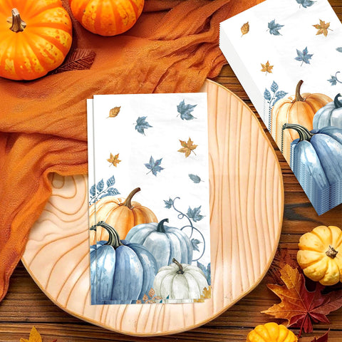 100 Pcs Paper Napkin 3 Ply Blue Orange Pumpkins - Grencian