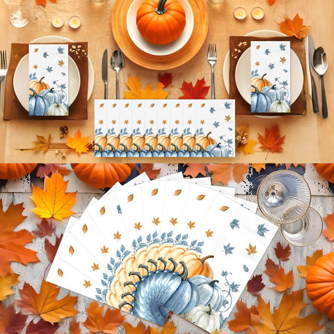 100 Pcs Paper Napkin 3 Ply Blue Orange Pumpkins - Grencian