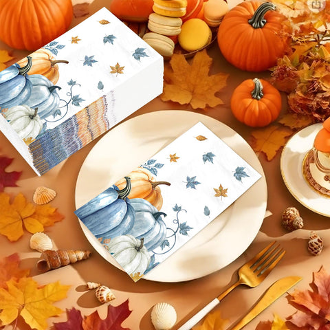 100 Pcs Paper Napkin 3 Ply Blue Orange Pumpkins - Grencian