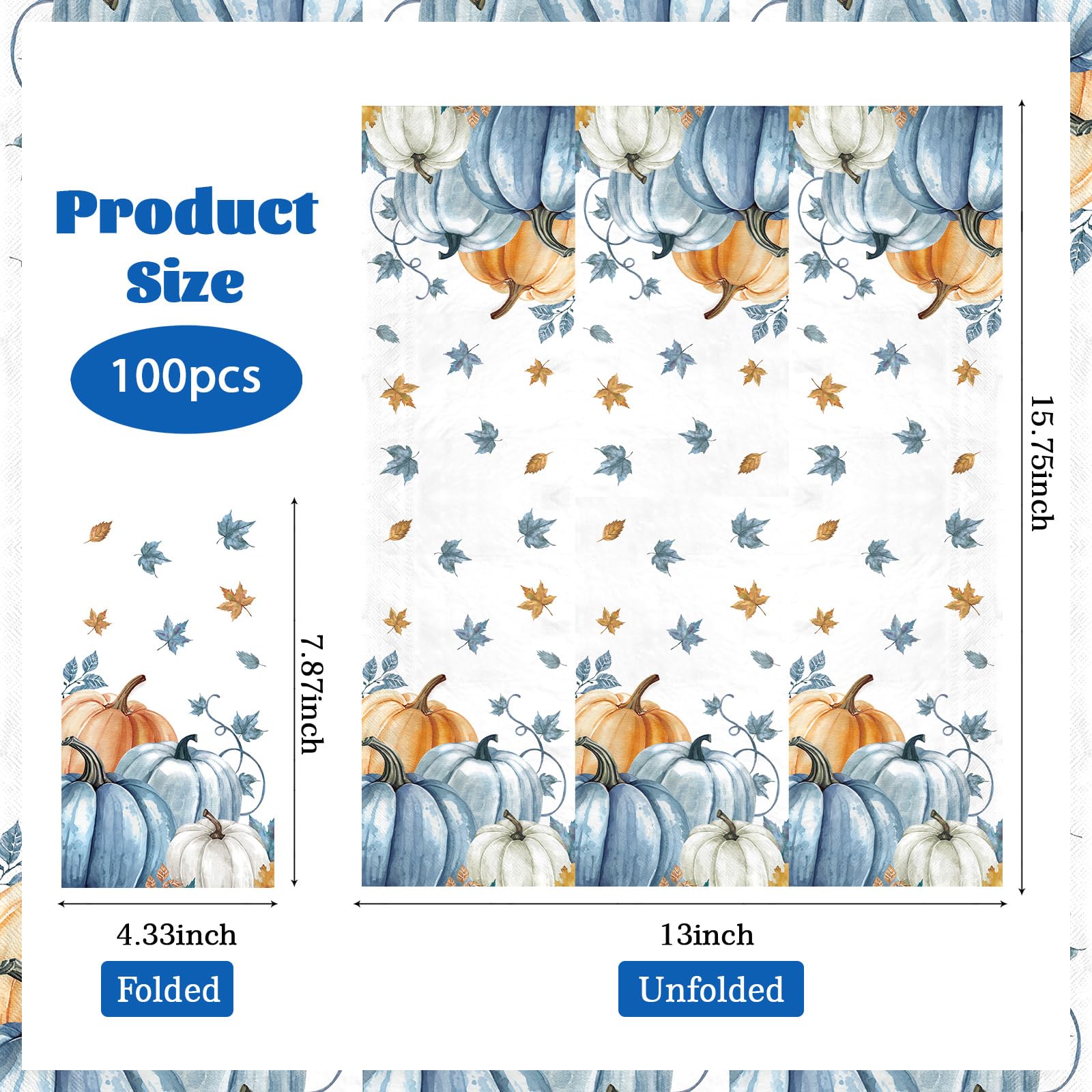 100 Pcs Paper Napkin 3 Ply Blue Orange Pumpkins - Grencian