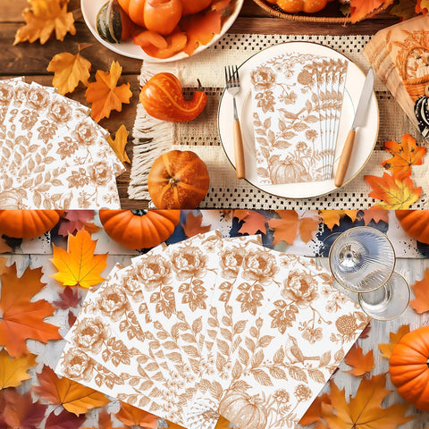 100 Pcs Paper Napkin 3 Ply Pumpkin Floral Birds - Grencian