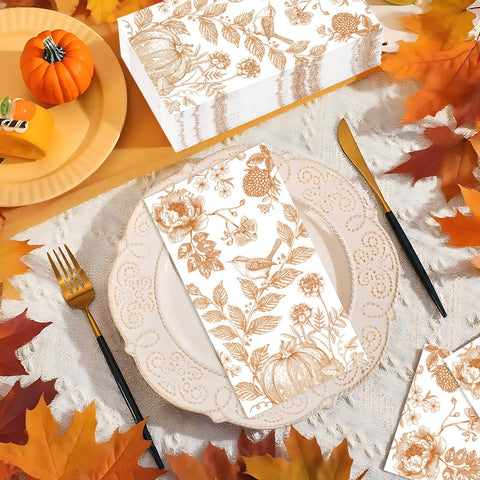 100 Pcs Paper Napkin 3 Ply Pumpkin Floral Birds - Grencian