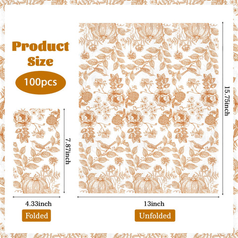 100 Pcs Paper Napkin 3 Ply Pumpkin Floral Birds - Grencian