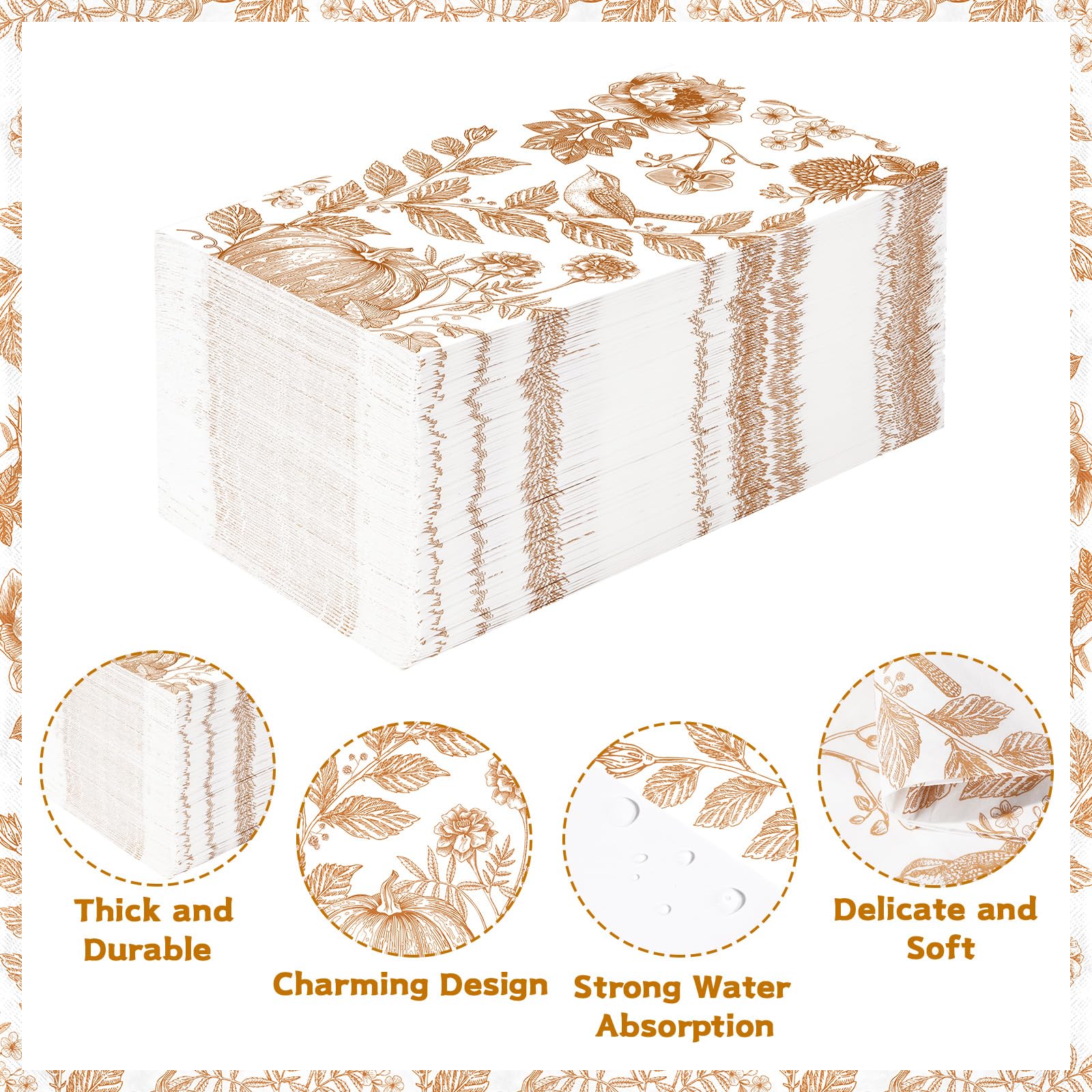 100 Pcs Paper Napkin 3 Ply Pumpkin Floral Birds - Grencian
