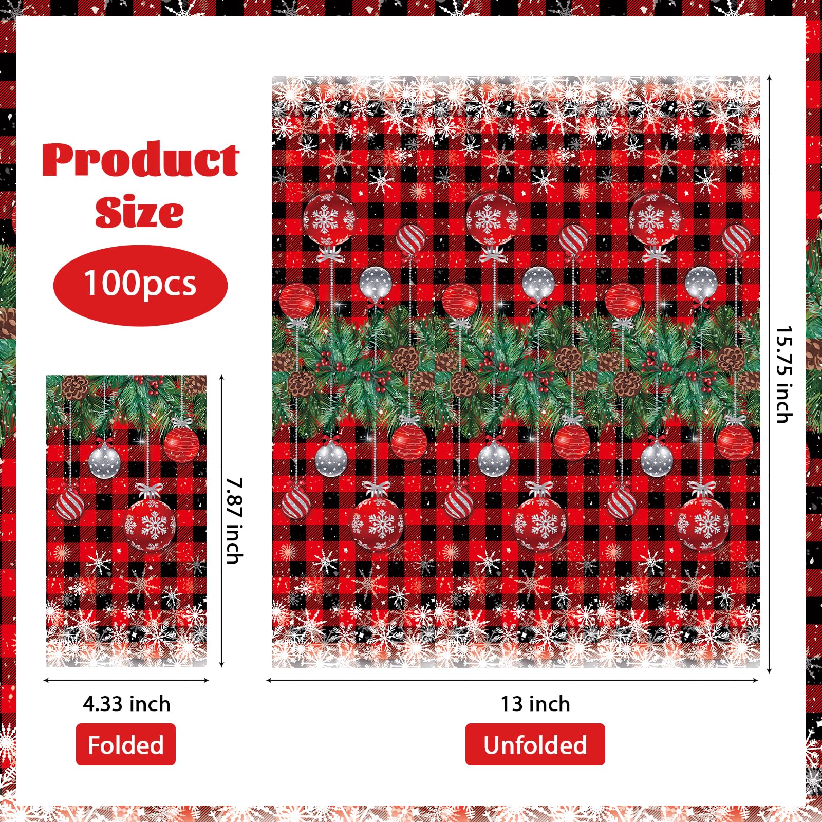 100 Pcs Paper Napkin 3 Ply Red Gingham Christmas Ball - Grencian