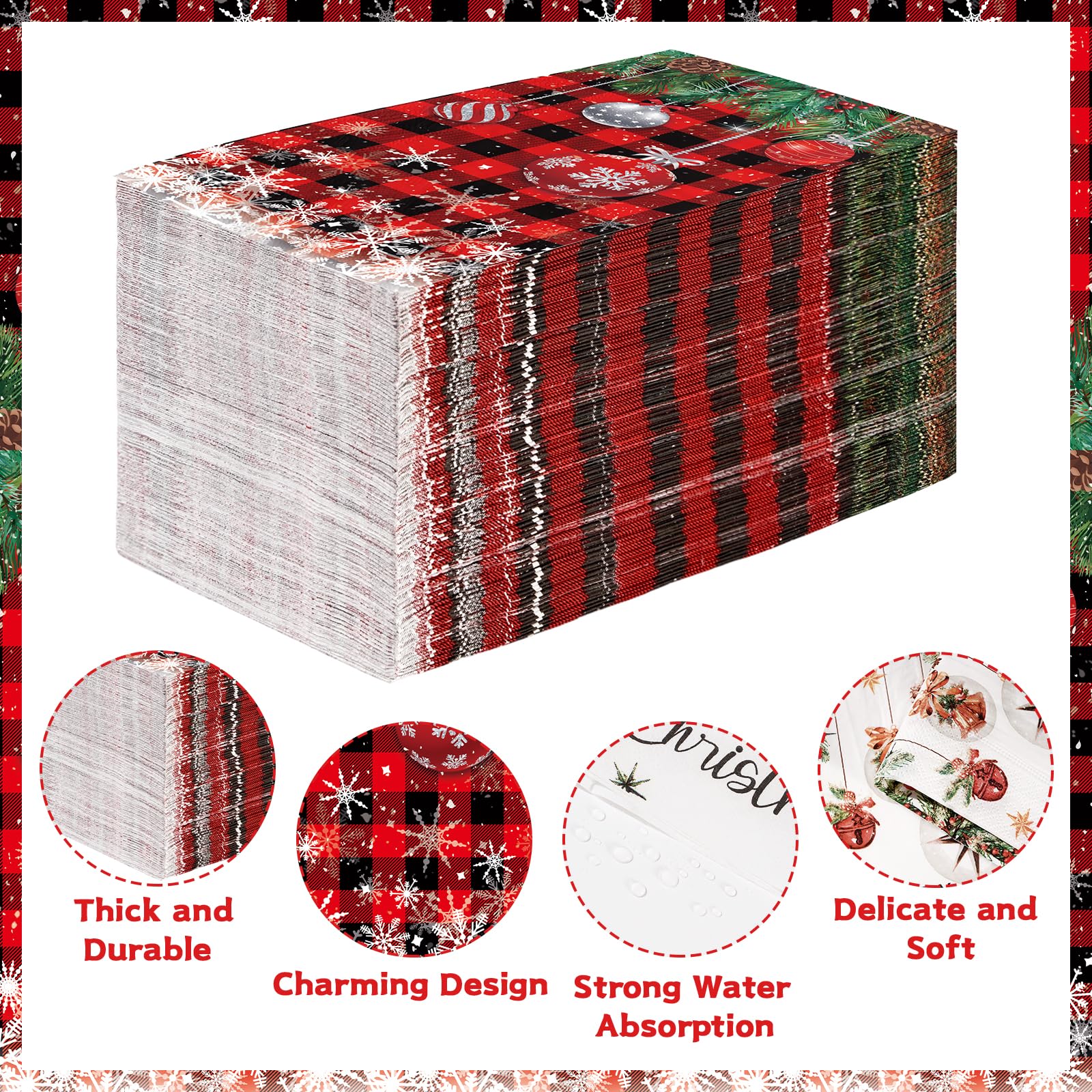 100 Pcs Paper Napkin 3 Ply Red Gingham Christmas Ball - Grencian