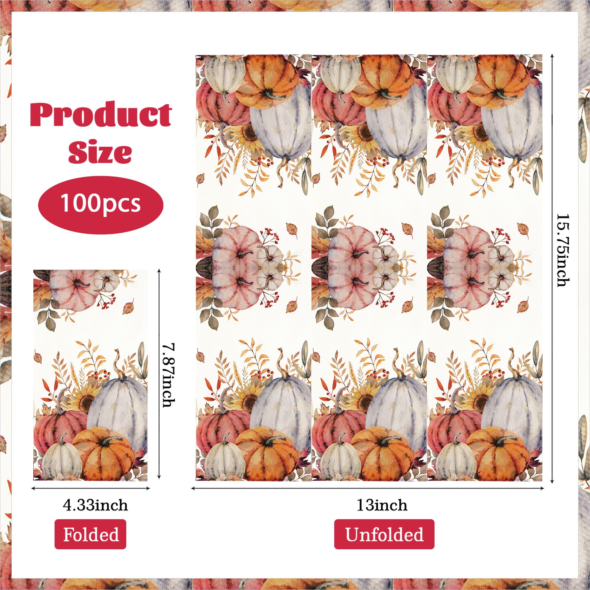 100 Pcs Paper Napkin 3 Ply  Rustic Pumpkin