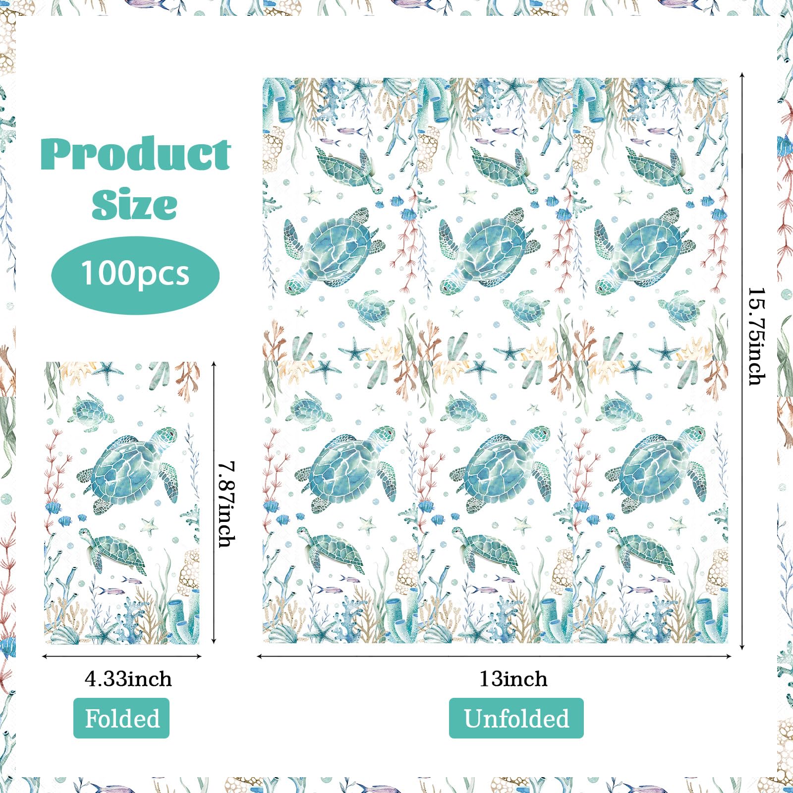 100 Pcs Paper Napkin 3 Ply Sea Turtles - Grencian