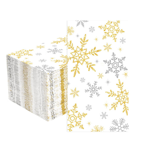 100 Pcs Paper Napkin 3 Ply White Gold Snowflake - Grencian