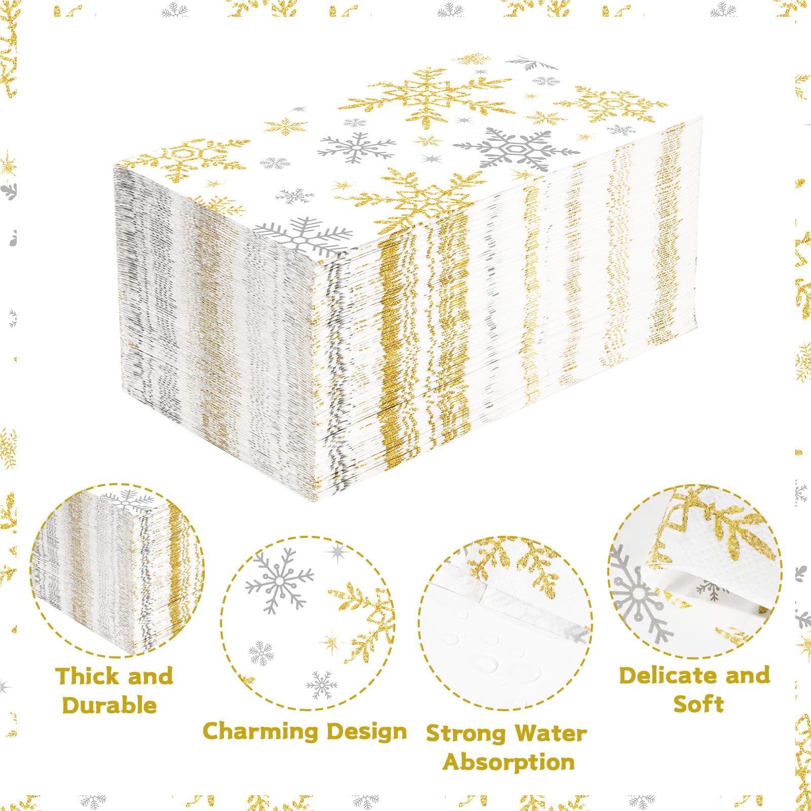 100 Pcs Paper Napkin 3 Ply White Gold Snowflake - Grencian