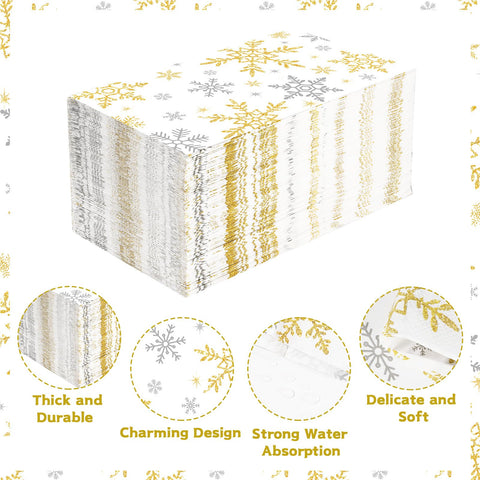 100 Pcs Paper Napkin 3 Ply White Gold Snowflake - Grencian