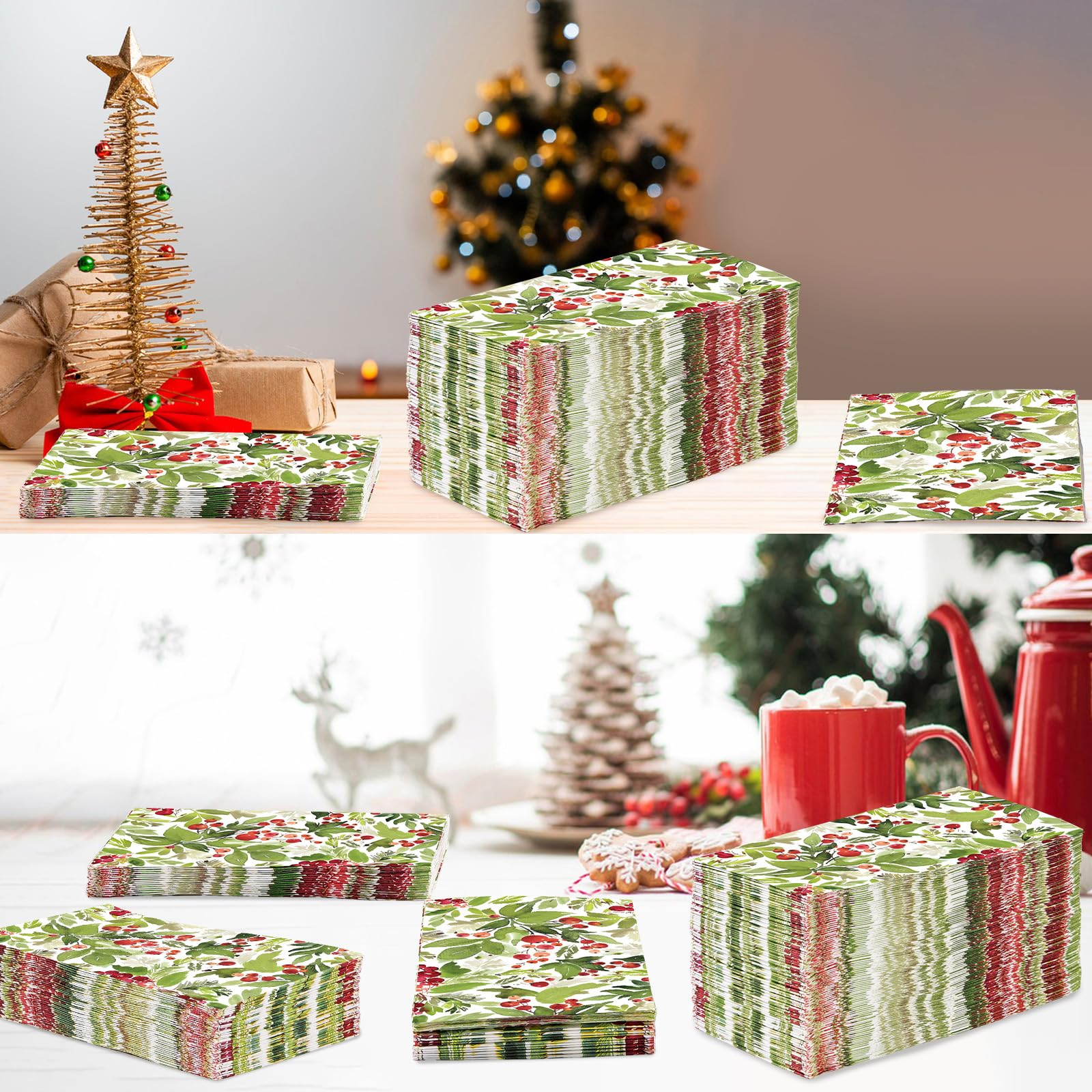 100 Pcs Paper Napkin 3 Ply Xmas Holly Berry