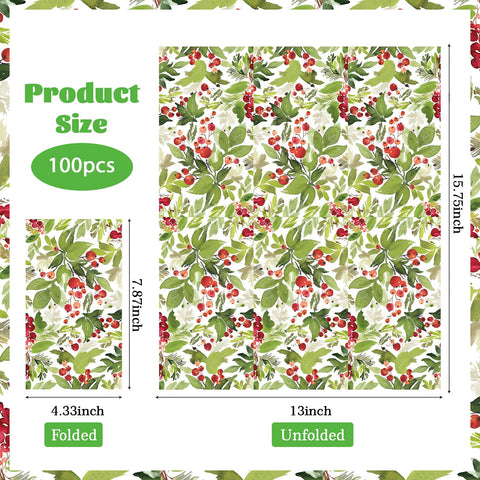 100 Pcs Paper Napkin 3 Ply Xmas Holly Berry