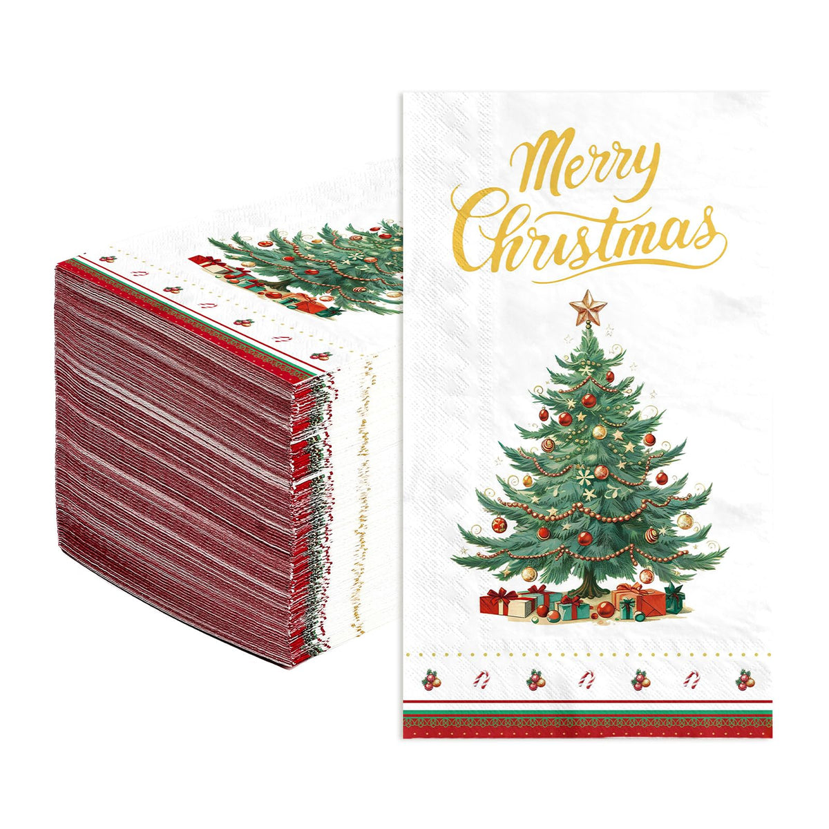 100 Pcs Paper Napkin 3 Ply Xmas Tree Red Border - Grencian