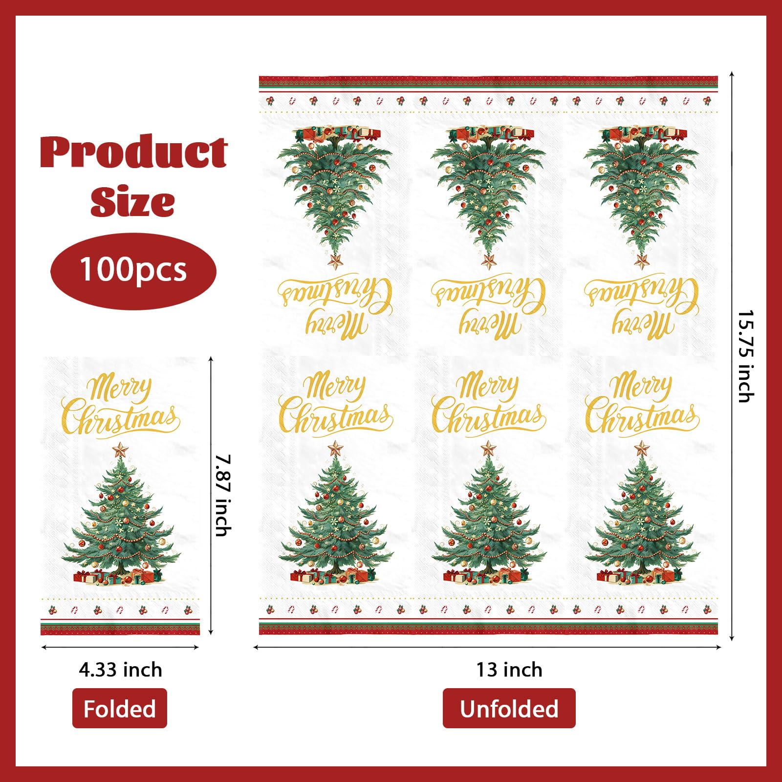 100 Pcs Paper Napkin 3 Ply Xmas Tree Red Border - Grencian