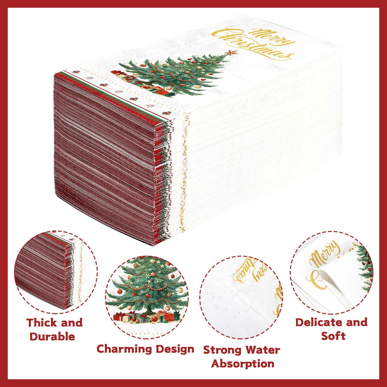 100 Pcs Paper Napkin 3 Ply Xmas Tree Red Border - Grencian