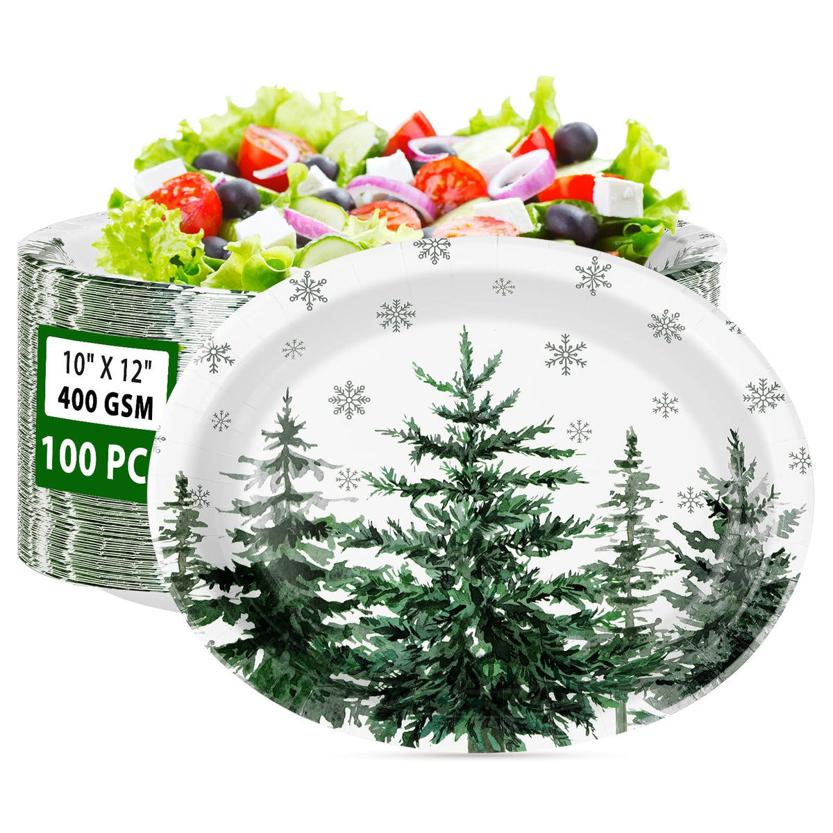 100 Pcs Pine Trees Oval Paper Plates - Grencian