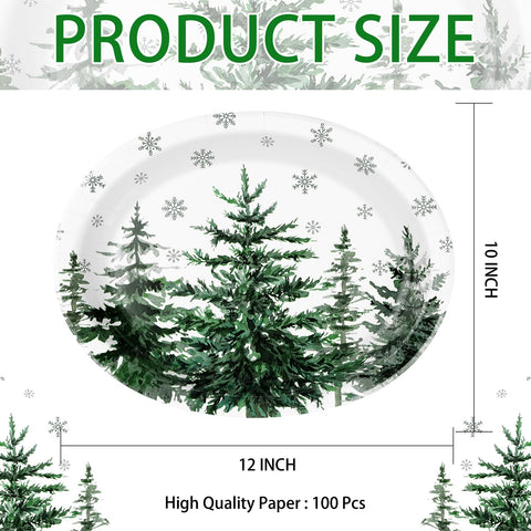 100 Pcs Pine Trees Oval Paper Plates - Grencian