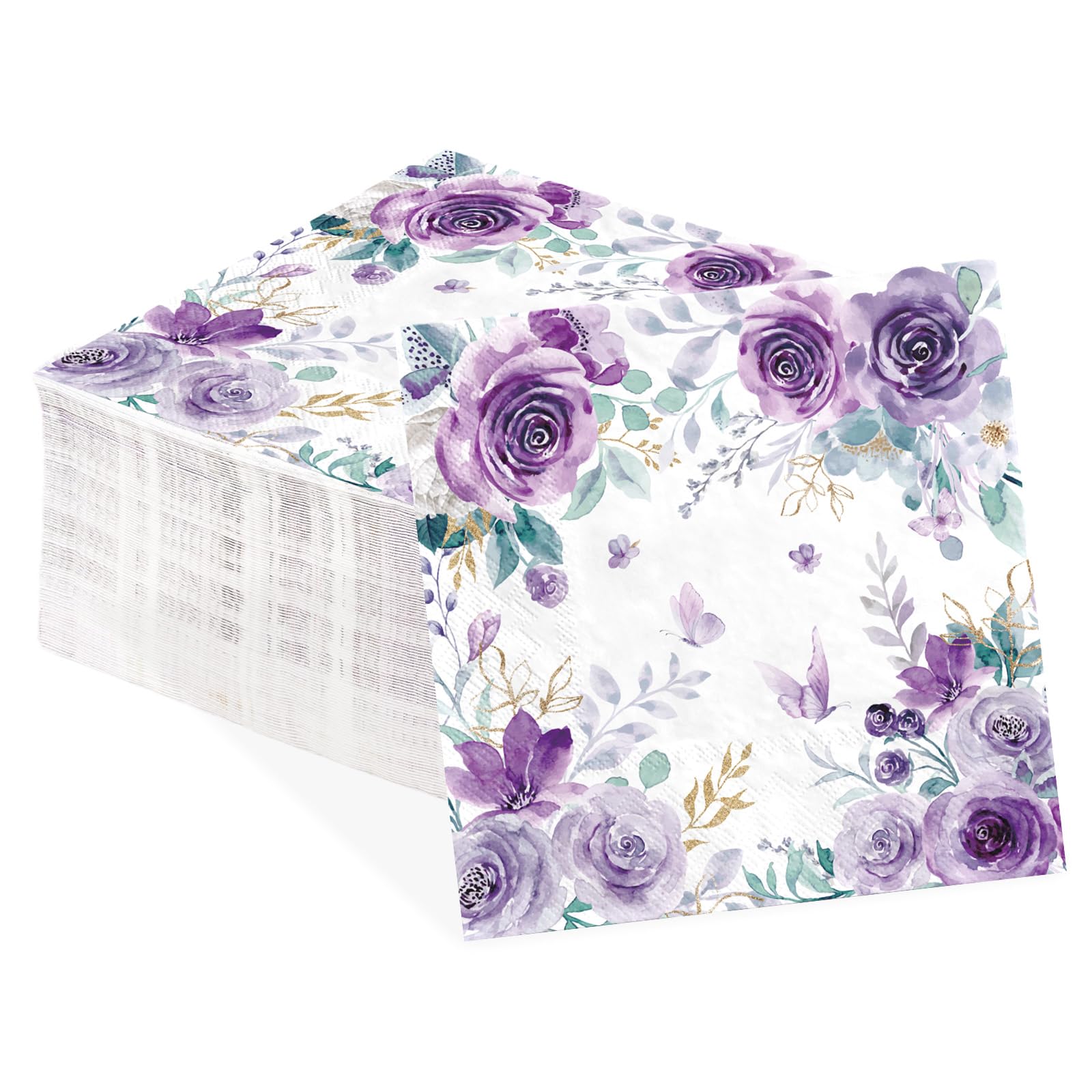 100 Pcs Purple Floral Square Party Napkins - Grencian