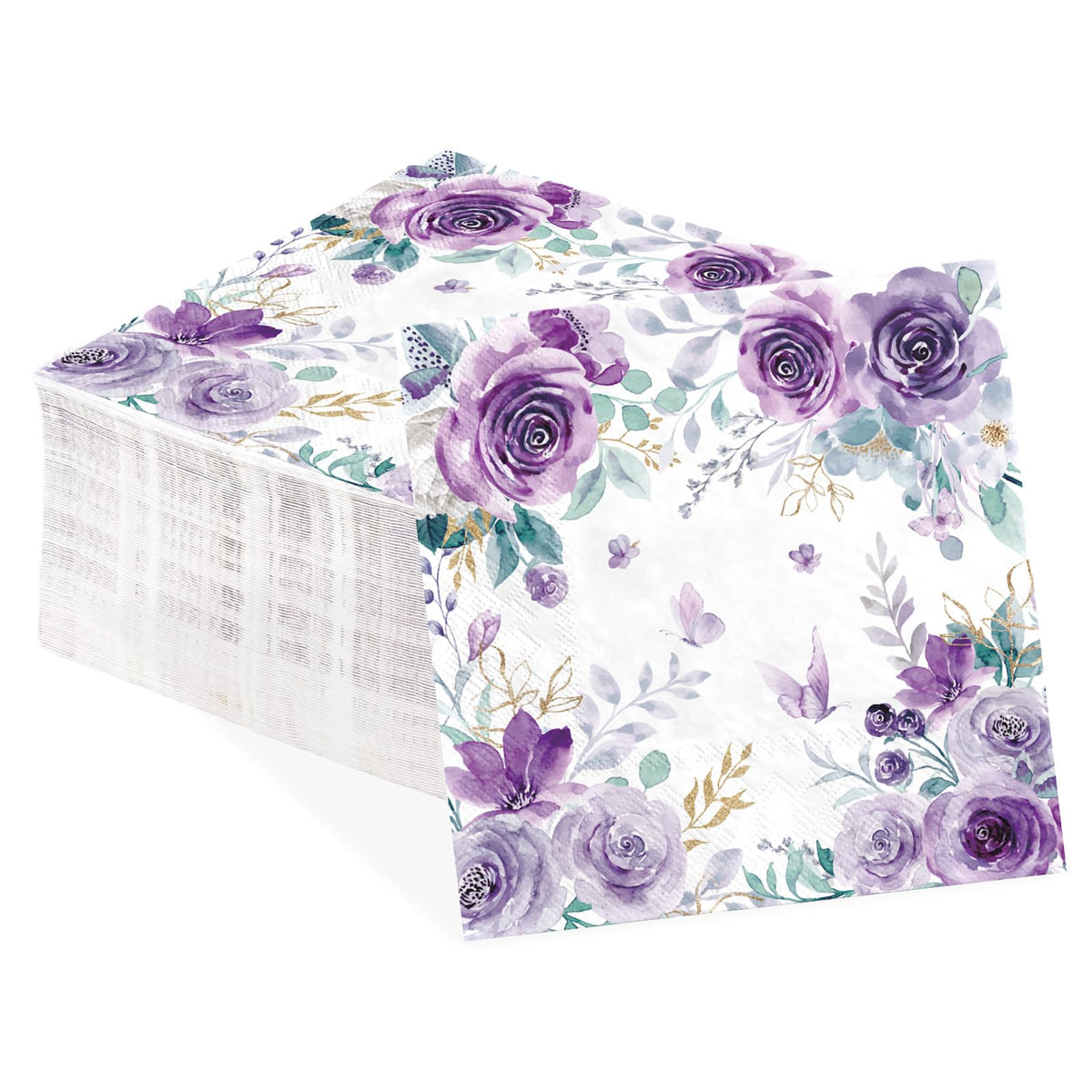 100 Pcs Purple Floral Square Party Napkins - Grencian