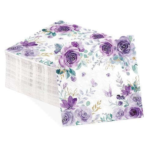 100 Pcs Purple Floral Square Party Napkins - Grencian