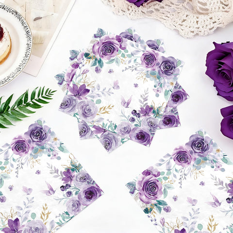 100 Pcs Purple Floral Square Party Napkins - Grencian