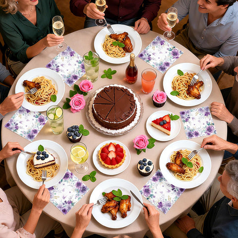 100 Pcs Purple Floral Square Party Napkins - Grencian