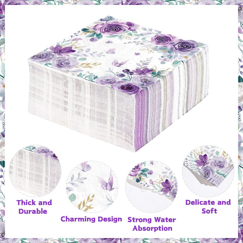 100 Pcs Purple Floral Square Party Napkins - Grencian