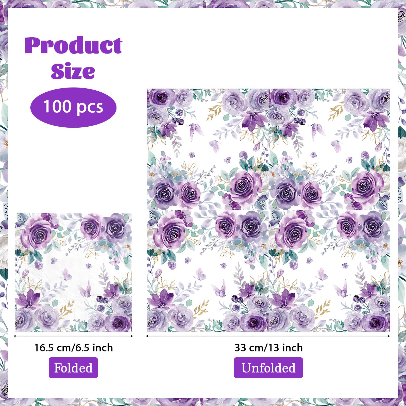 100 Pcs Purple Floral Square Party Napkins - Grencian
