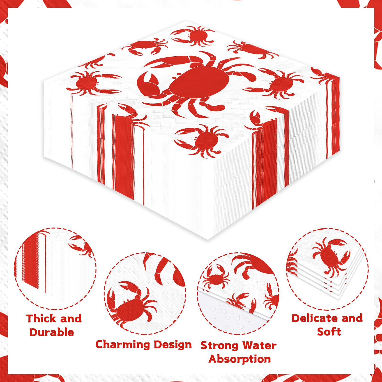 100 Pcs Red Crab Square Party Napkins - Grencian