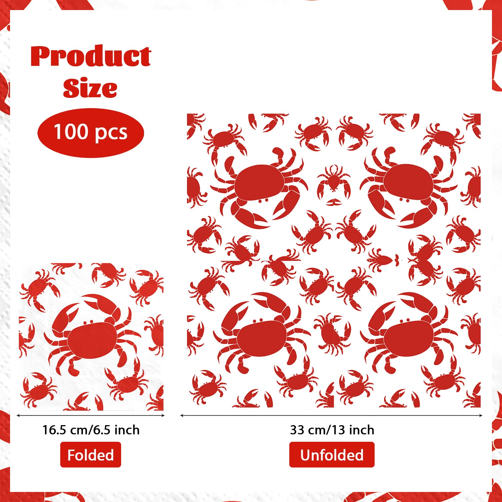 100 Pcs Red Crab Square Party Napkins - Grencian