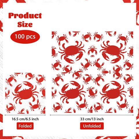 100 Pcs Red Crab Square Party Napkins - Grencian
