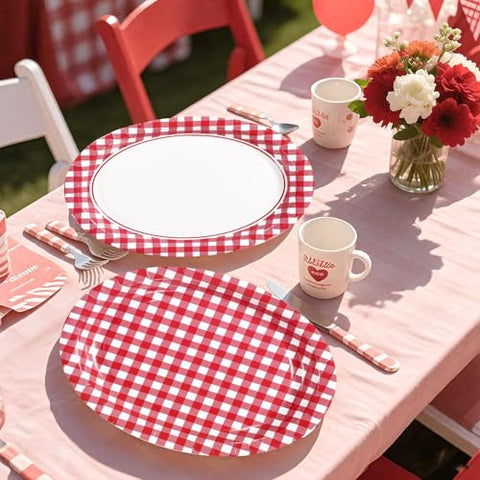 100 Pcs Red Gingham Oval Party Paper Plates - Grencian