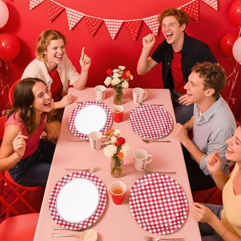 100 Pcs Red Gingham Oval Party Paper Plates - Grencian