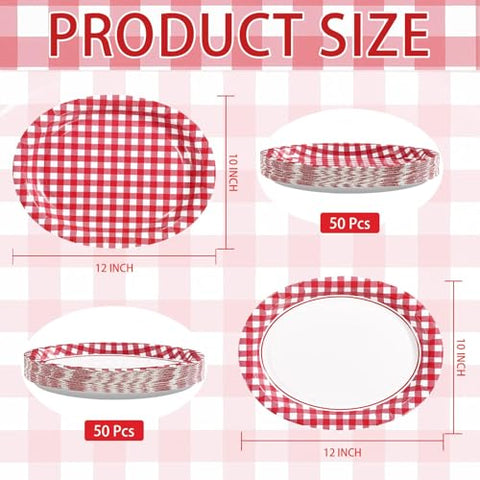 100 Pcs Red Gingham Oval Party Paper Plates - Grencian
