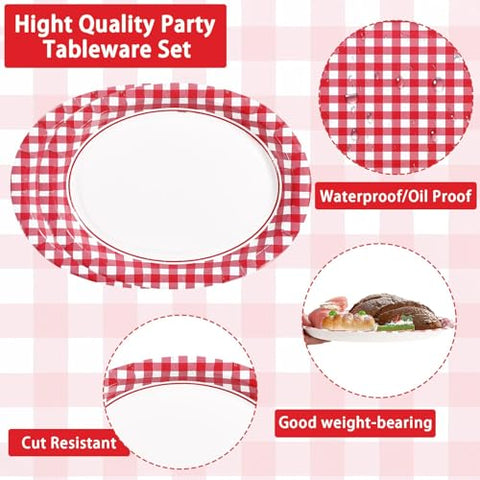 100 Pcs Red Gingham Oval Party Paper Plates - Grencian