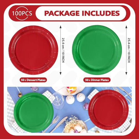 100 Pcs Red Green Party Paper Plates - Grencian