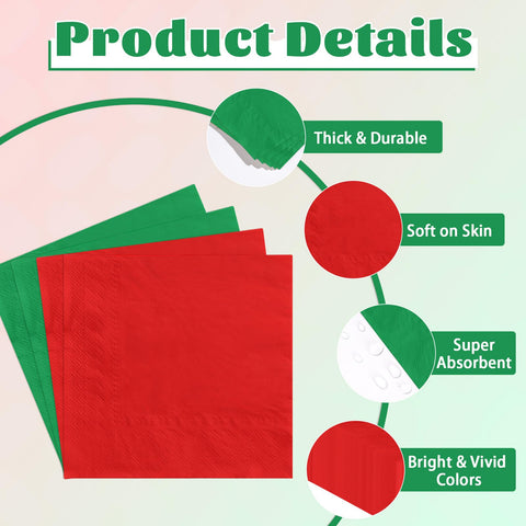 100 Pcs Red Green Square Party Napkins - Grencian